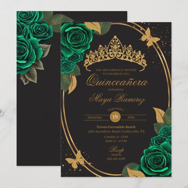 Green Black Gold Glitter Butterfly Quinceañera  Invitation (Front/Back)