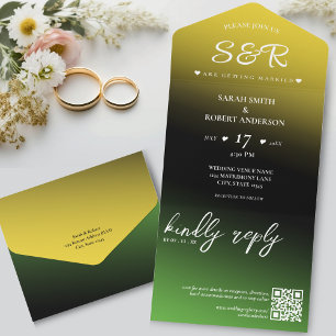 Green Black & Gold Jamaica Ombre QR Code Wedding All In One Invitation