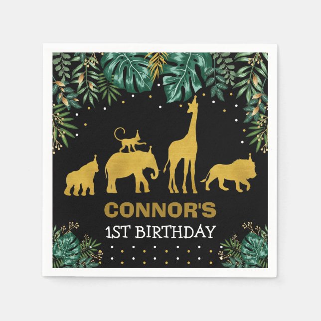 Green Black Gold Jungle Animals Tropical Birthday Napkin (Front)