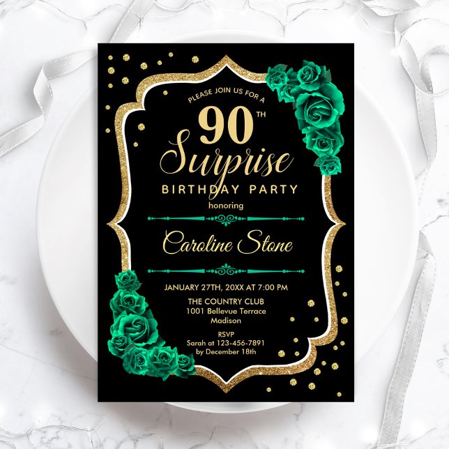 Green Black Gold Surprise 90th Birthday Invitation (Creator Uploaded)
