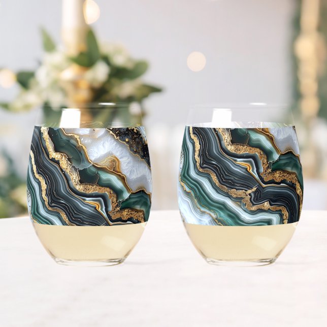 Green Black Gold White Geode Stemless Wine Glass (Insitu (Wedding))
