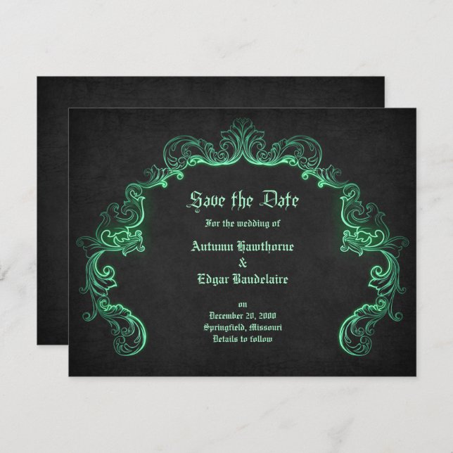 Green Black Gothic Wedding Save The Date (Front/Back)