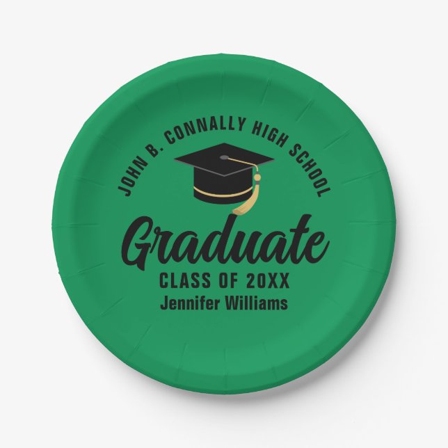 Green Black Graduate Personalised Graduation Party Paper Plate (Front)