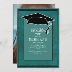 Green Black Graduation Cap Party Photo Invitation
