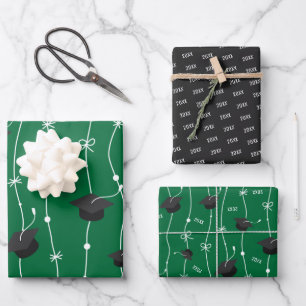 Green & Black Graduation Cap Toss Wrapping Paper