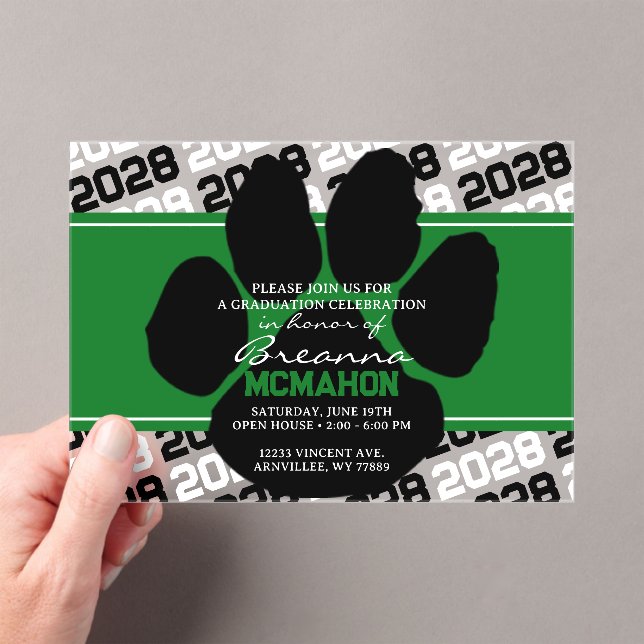 Green & Black Graduation Pawprint Frosted Acrylic Invitations (Insitu (Handheld))