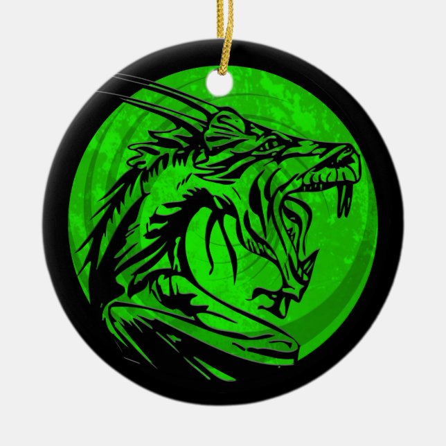 Green black grunge dragon round ornament (Front)
