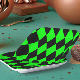 Green Black Harlequin Diamonds Checkers Design Paper Plate