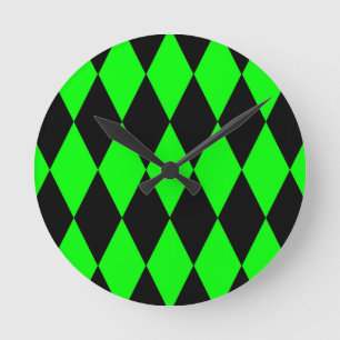 Green Black Harlequin Diamonds Checkers Design Round Clock
