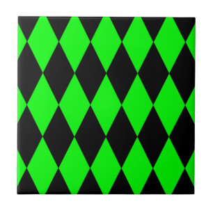 Green Black Harlequin Diamonds Checkers Design Tile