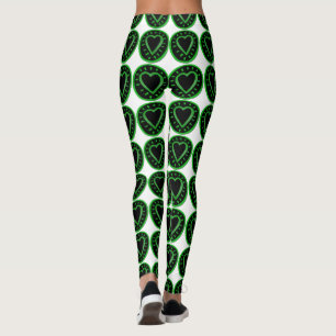 Green Black Hearts White leggings