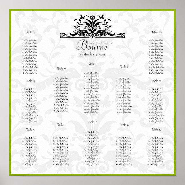 Green Black Honey Bee Seating Chart 12 Tables (Front)