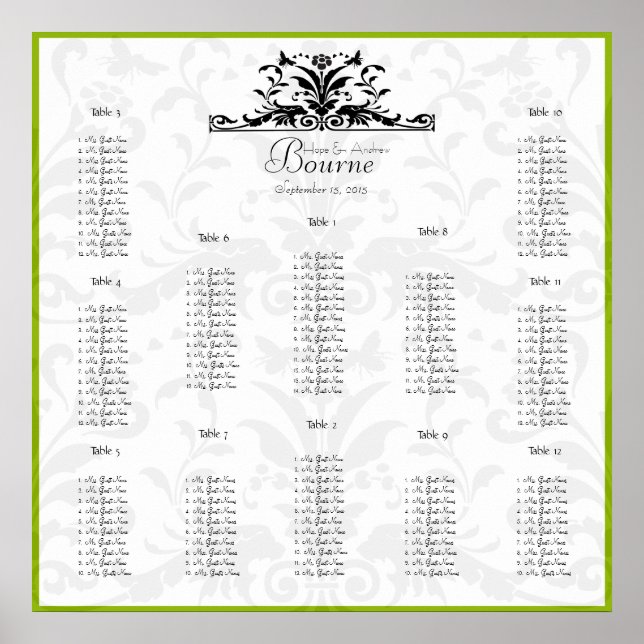 Green Black Honey Bee Seating Chart 12 Tables (Front)