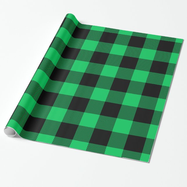 Green Black Huge Buffalo Plaid Lumberjack Tartan Wrapping Paper (Unrolled)