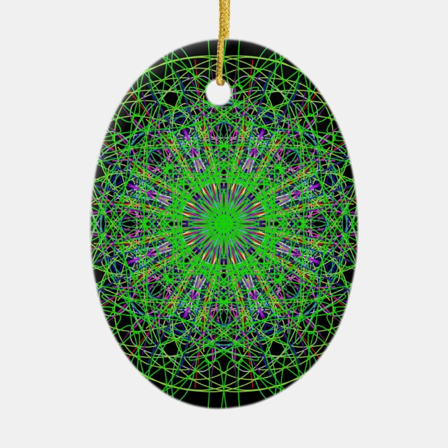 Green Black Kaleidoscope Mandala Art Ceramic Tree Decoration (Front)