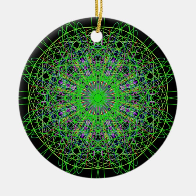 Green Black Kaleidoscope Mandala Art Ceramic Tree Decoration (Front)