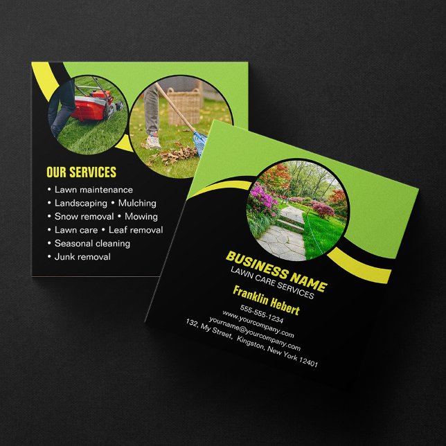 Green Black Lawn Care Landscaping Mowing 3 Photo Square Business Card (Creator Uploaded)