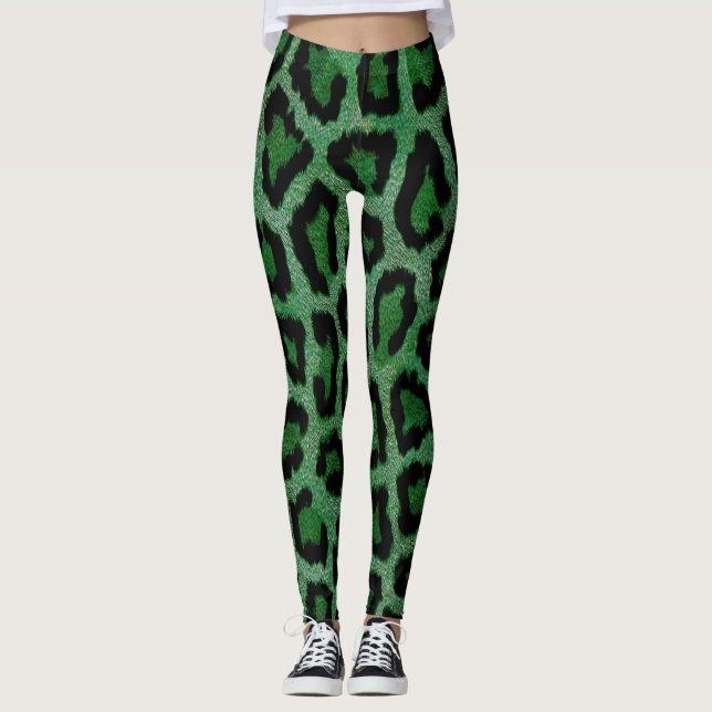 Green Black Leopard Animal Print Leggings (Front)