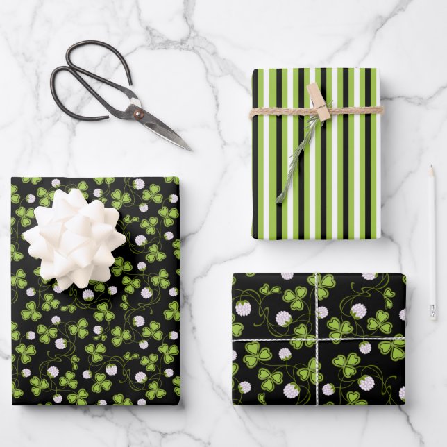 Green & Black Lucky Clover Wrapping Paper Sheet (Front)