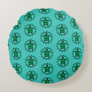 Green Black Maori Sun Symbol Tribal Turtles Round Cushion