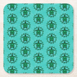 Green Black Maori Sun Symbol Tribal Turtles Square Paper Coaster