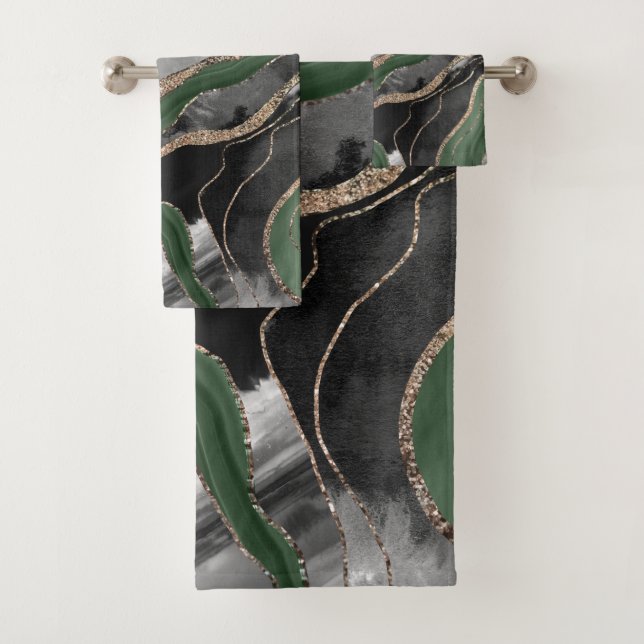 Green Black Marble Agate Gold Glitter Glam #1  Bath Towel Set (Insitu)