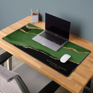 Green Black Marble Agate Gold Name Title  Desk Mat