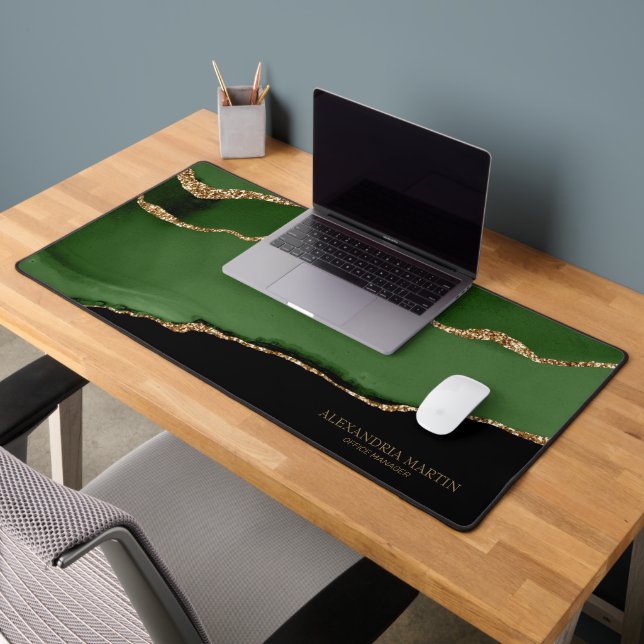 Green Black Marble Agate Gold Name Title  Desk Mat (Office 2)