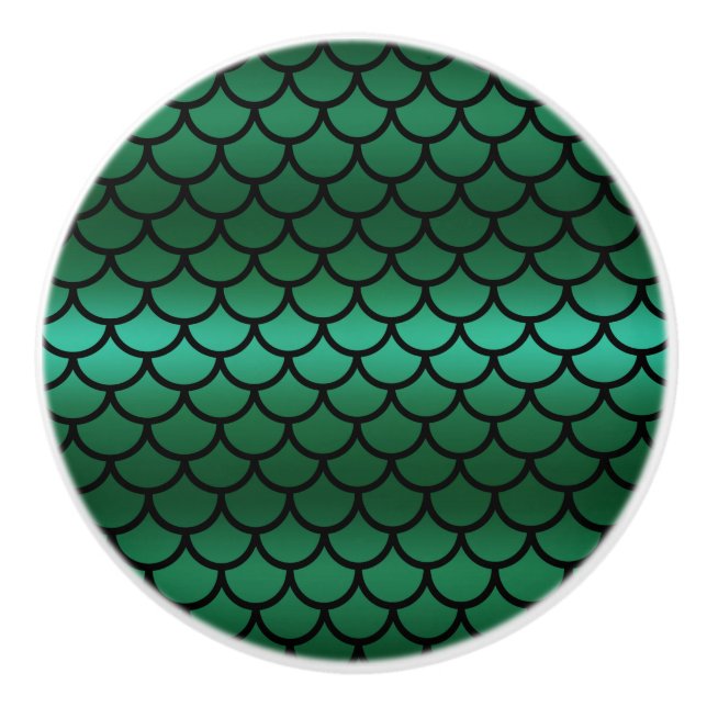 Green & Black Mermaid Scales Fantasy Fish Ceramic Knob (Front)