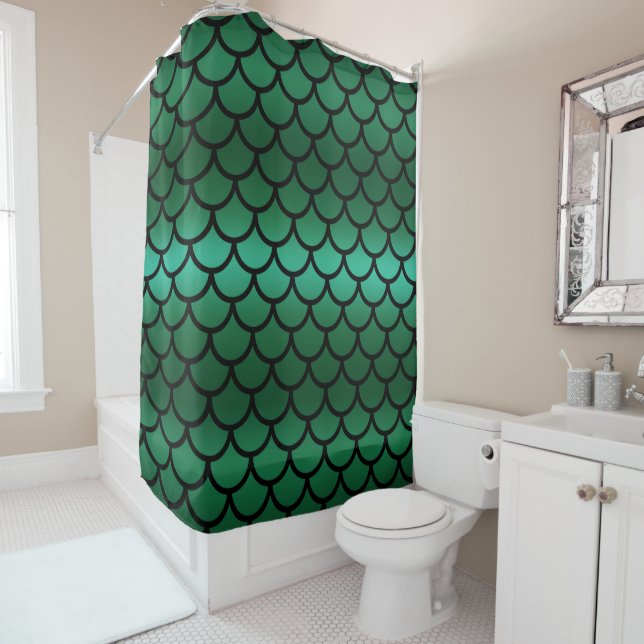 Green & Black Mermaid Scales Fantasy Fish Shower Curtain (In Situ)