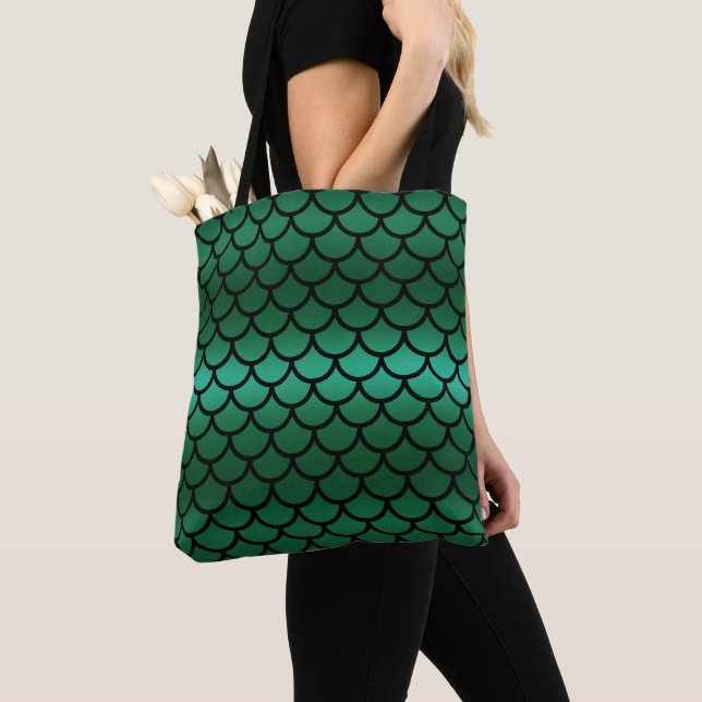 Green & Black Mermaid Scales Fantasy Fish Tote Bag (Close Up)
