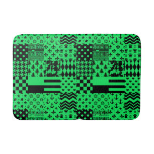 Green Black Mixed Patterns Patchwork Design Bath Mat