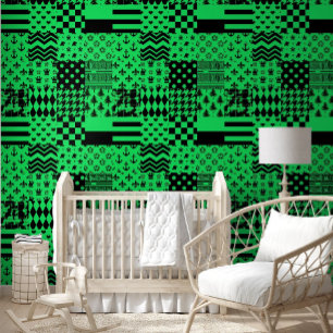 Green Black Mixed Patterns Patchwork Design Wallpaper