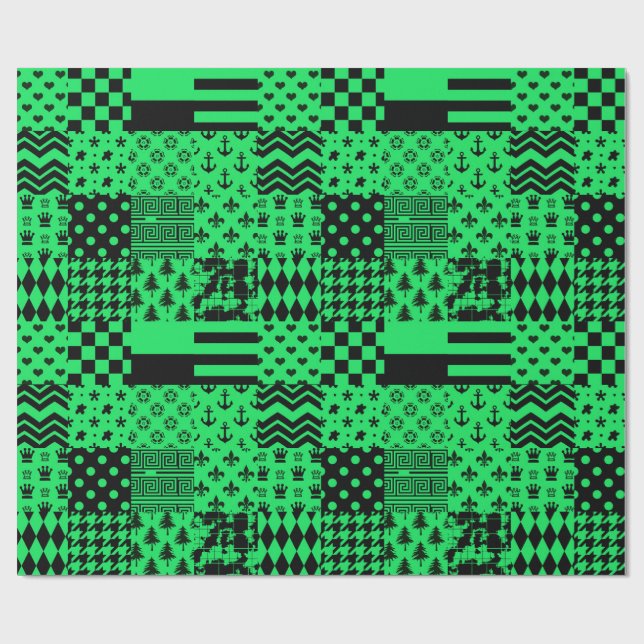 Green Black Mixed Patterns Patchwork Design  Wrapping Paper (Flat)