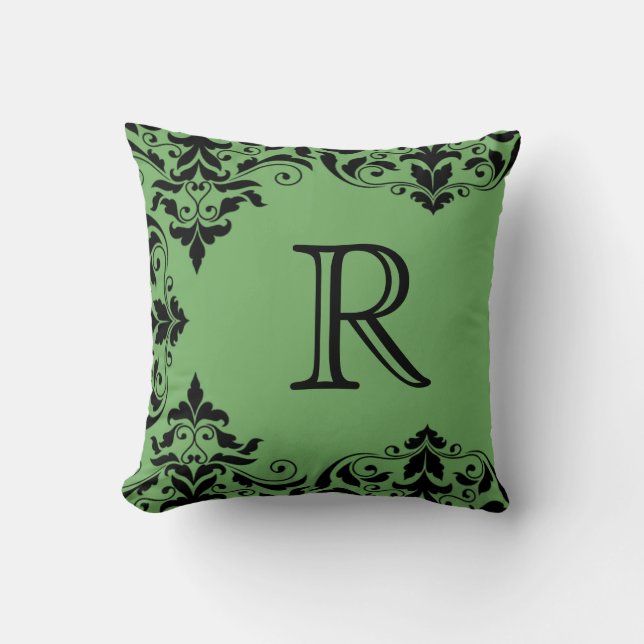 Green & Black Monogram Damask Pillow (Front)