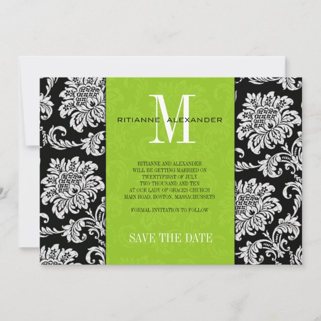 Green Black Monogram Damask Wedding Save The Date Invitation (Front)