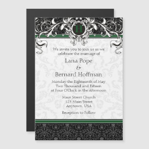 Green Black Monogram Magnetic Wedding Invitation