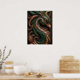 Green Black Orange Mosaic Phoenix 3D Poster