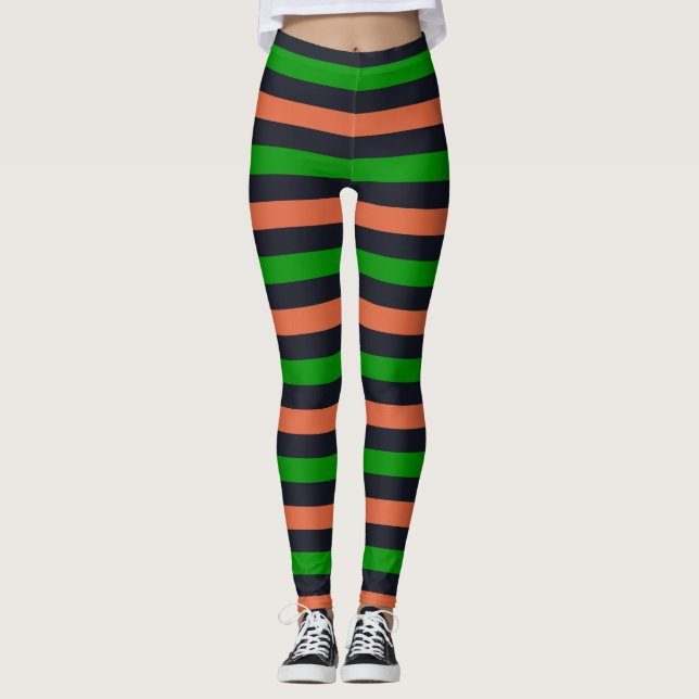 Green Black Orange Striped Halloween Leggings (Front)