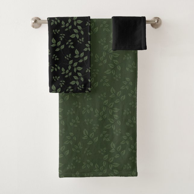 Green black pattern leaves  bath towel set (Insitu)