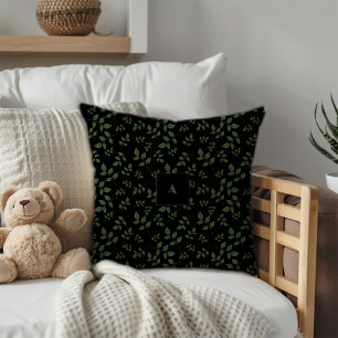 Green black pattern leaves monogram cushion