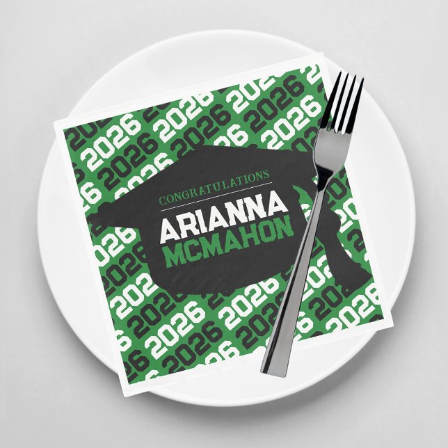 Green & Black Personalised Graduation Cap Paper Napkin (Green, White and Black Class of Any Year Graduation Party Paper Napkins)