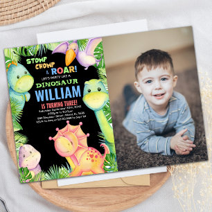 Green Black Photo Dinosaur Birthday Invitations