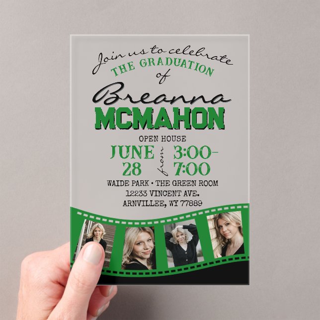 Green & Black Photo Graduation Filmstrip Frosted Acrylic Invitations (Insitu (Handheld))