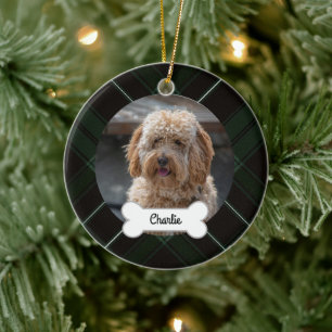 Green Black Plaid Custom Pet Puppy Dog Photo Ceramic Tree Decoration