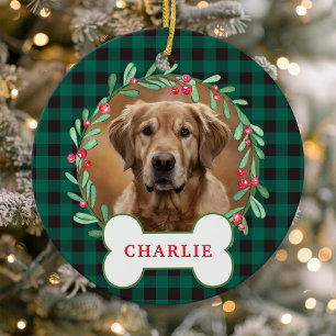 Green & Black Plaid Dog Photo Christmas Wreath Ceramic Tree Decoration