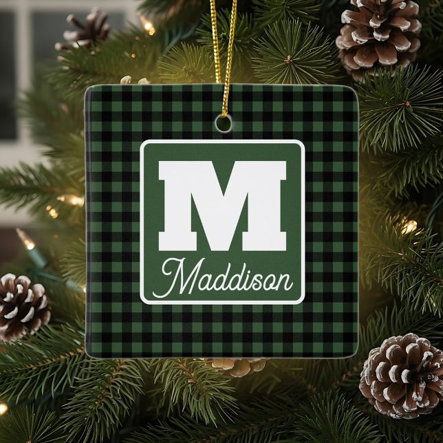 Green & Black Plaid Monogram Name Christmas  Ceramic Ornament (Creator Uploaded)