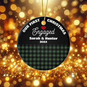 Green & Black Plaid Our 1st Christmas Engaged Ceramic Tree Decoration