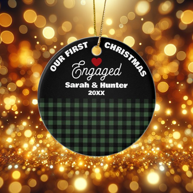 Green & Black Plaid Our 1st Christmas Engaged Ceramic Tree Decoration (Creator Uploaded)