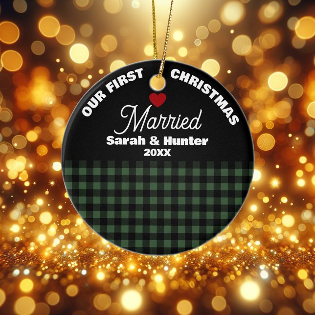 Green & Black Plaid Our 1st Christmas Married Ceramic Tree Decoration (Creator Uploaded)